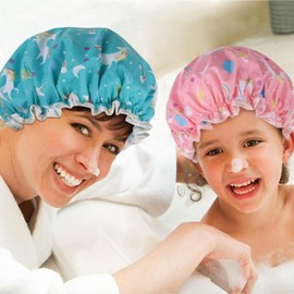 JYTDBCS 2 Pcs Unicorn Shower Caps Bath Caps Reusable Waterproof Double Layers for Women Hair Protection EVA Plastic Lace Elastic Band Hat Environmental,shower cap for kids,shower hat for kids