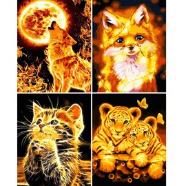 UNIVERTEN Paint by Numbers for Adults, Children, Beginners, Pack of 4, Paint by Numbers Animals for Home Decoration, Birthday, Christmas Gift, Comes with Paint and Brush, Cat, Tiger, Wolf, Fox, 40 x