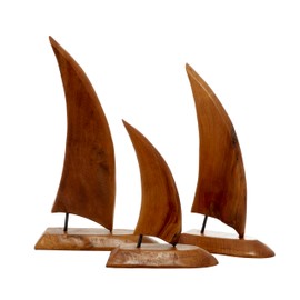Deco 79 Teak Wood Sail Boat Handmade Decorative Sculpture Home Decor Statues, Set of 3 Accent Figurines 20", 17", 13"H, Brown