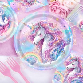 Rainbow Unicorn Birthday Decorations, Unicorn Party Decorations Supplies Include Plates Napkins Cups Forks Straws for 3 4 5 6 7 8 9+ Years Girls, Serve 20