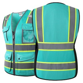 HATAUNKI High Visibility Reflection Peacock Mesh Safety Vests with 8 Pockets and Front Zipper, hi vis safety vest for Women, Meets ANSI/ISEA Standards(Peacock-16,L)