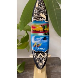 Handmade Hawaiian Hand Made 12" Carved Wood Surfboard Display Stand Wave Honu Turtle