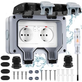 Lunriwis Outdoor Socket Waterproof with Switch Indicator Light, 2-Way Outdoor Socket Waterproof IP66, Outdoor Socket with Hinged Lid for Wet Rooms, Gardens