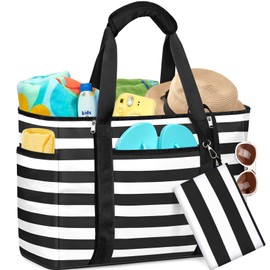 TEUEN Extra Large Beach Bag Women's Foldable & Lightweight with Zip and Multiple Pockets XXL Family Waterproof Swimming Bag for Beach, Pool, Travel, Gym and Shopping (50L), black