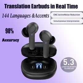 Qvoyar Translation Earbuds in Real Time, Language Translator Earbuds,Two-Way 3 in 1 Translator Pods with 144 Languages Accents Real Time for iOS and Android, for Travel Business (Black)