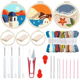 Attuslla 3 Set Punch Needle Embroidery Starter Kits, Punch Needle Cloth with Pattern, Plastic Hoop, Yarn, Needle Pen and Instruction for Beginner (Beach, Hut, Sunset)