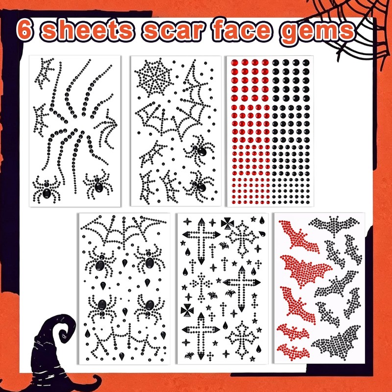 6Sheets Spider Face Gems Black Face Jewels for Women Halloween