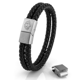 Akitsune Simplicitas Leather Bracelet | Magnetic Link Bangle Trinket Premium Women Men Braided Handmade Bracelet - Silver Black 18cm