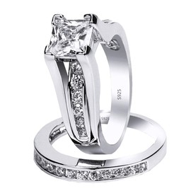 MABELLA 925 Sterling Silver Cubic Zirconia Princess Cut Women's Wedding Engagement Bridal Ring Set Size 5