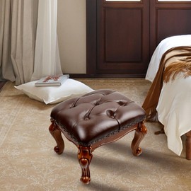 DEBJGO Leather Foot Stool Small,Vintage Ottoman Leather Foot Rest,Wooden Footrest,Upholstered Footstool for Couch/Living Room/Sofa,Cherry (12.6)