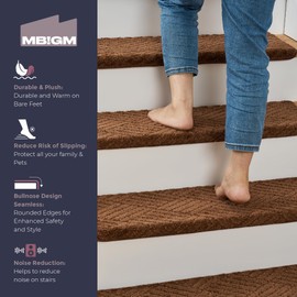 MBIGM Bullnose Non-Slip Stair Treads w/Reusable Adhesive 14 Pack 9.5" x 30" Wooden Steps Protection - TPU Backing with Steel Reinforcement - Anti-Slip Solution Basketweave Brown Non Slip Stair Tread