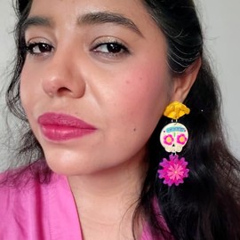 Aretes de Pan de Muerto Calavera de Dulce y Flores de Madera Pintado a Mano