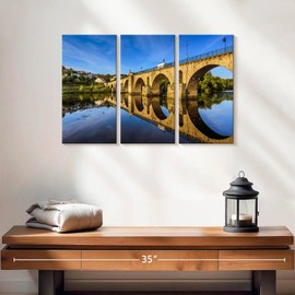 ElephantStock - Ponte Da Barca Bridge Wall Art - Horizontal Multi Panel Canvas - 3 Piece Living Room Wall Decor - Photography Architecture Multi Piece Wall Art - Blue And Green Decor - 23" x 14"