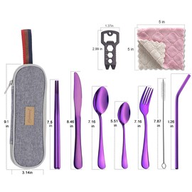 Shell and Turtle Travel Utensil Set, Reusable Utensils with Case, Camping Cutlery Set, Portable Flatware including Knife Fork Spoon Chopsticks Cleaning Brush Straws Multi-Tool Dish Cloth (Purple)