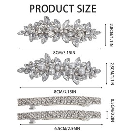 NICENEEDED 4 PCS Rhinestone Pearls Bobby Hairpins, Fancy Crystal Shiny Metal Barrettes Silver Sparkly French Hair Clips, Bling Diamond Hair Accessories for Ladies