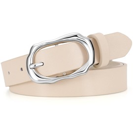 SANSTHS Womens Waist Belt with Unique Silver Irregular Buckle for Jeans Pants Dresses, Trendy Belt for Ladies, Beige S