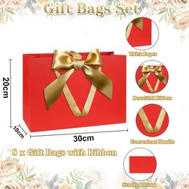 Gift Bags Set, Red Gift Bag with Ribbon Gift Bag with Handles 8pcs 30x20x10cm Gift Bags for Christmas Birthday Wedding Anniversary