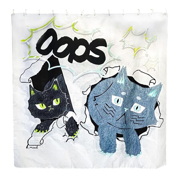 TOKYO ART Funny “Oops” Cat Shower Curtain – Quirky Cartoon