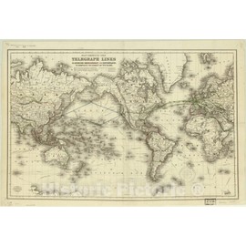 Historic Map : World map 1855, Map Showing The Telegraph Lines in Operation, Under Contract, and contemplated, to Complete The Circuit of The Globe, Antique Vintage Reproduction : 24in x 16in