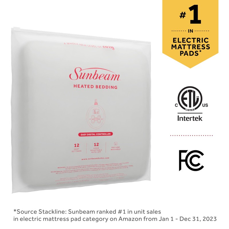 Sunbeam Electric Premium Water Resistant Restful Quilted Heated Mattress Pad,