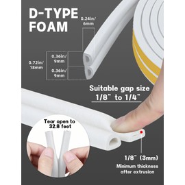 32.8 Ft Weather Stripping Door Seal Strip,Self Adhesive Door Soundproofing D Shaped Weatherstripping for Door Frame/Window,White,3/8" W × 1/4" T