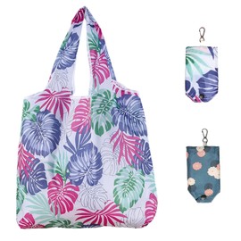 KEYRI 2 PCS Reusable Shopping Bags Foldable Groceries Food Bags Washable Foldaway Shopping Bags for Daily Life Durable Beach Bags Portable Lightweight Tote Bags (Daisy, Leaf)