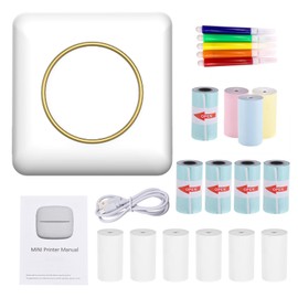 Mini Pocket Photo Printer Portable Thermal Printing Machine 203DPI Wireless BT Connection for Picture Lable DIY Handcraft List Meno Notes Journal Receipt Paper Instant Sticker with 5 Color Pen Markers 9 Rolls Thermal Paper 57*25mm and 5 Rolls Adhesive Th