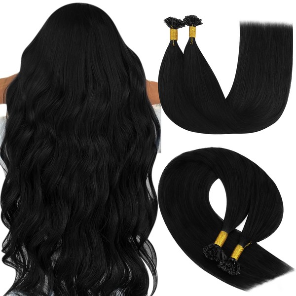 YoungSee Real Hair Bonding Extensions, Black Extensions, Keratin U-Tip Extensions, Hot Fusion, Shiny, Straight, Remy Hair, 55 cm, 50 g, 50 Strands, #1