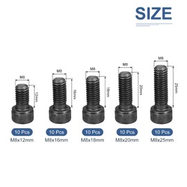 DTGN 50Pcs M8 Metric Screw Assortment, M8 Bolts Socket Head Screws, 12.9 Grade Steel M8x12/16/18/20/25mm Hex Socket Head Cap Screws Bolt Set for 3D Printing DIY