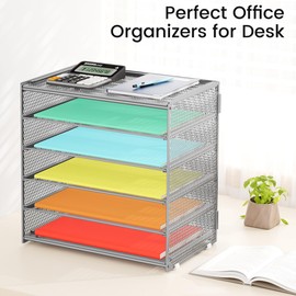 Biciyarn 6 Tier Paper Organizer, Metal Mesh Desk File Folder, Letter Tray Organizer, Paper Sorter Desk Organizers for Office, Home or School File Folder Holder - Silver