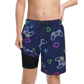 LUCOWEE Boys Swimsuit Trunks Boxer Brief Lined Chafe-Free Swimming Shorts Swimsuits Sandless Stretchy Functional Drawstring Light Weight Quick Dry UPF 50+ Gamepad Navy Size 10 12 Years Old