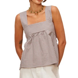 Amiblvowa Women Gingham Peplum Tank Square Neck Babydoll Tops Y2K Cute Bow Tie Back Sleeveless Vest Shirt Backless Summer Going Out Top (Brown, M)