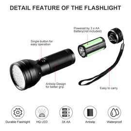 Tokeyla UV Flashlight Black Light, 51 LED UV Light Handheld Blacklight, Pet Urine Detectors 395nm Detector for Pet Urine, Dog/Cat Urine Stains, Bed Bug and Scorpions（Battery Not Included）