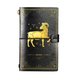 Zodiac Gifts Leather Journal Notebook, for Men, Women on Christmas, Birthday, Refillable Sketchbook, Travel Diary, Lined Planner, 7x5 Inches, Black - Aries