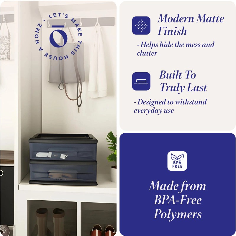 Homz Plastic 2 Drawer Medium Storage Cart, Black Frame with