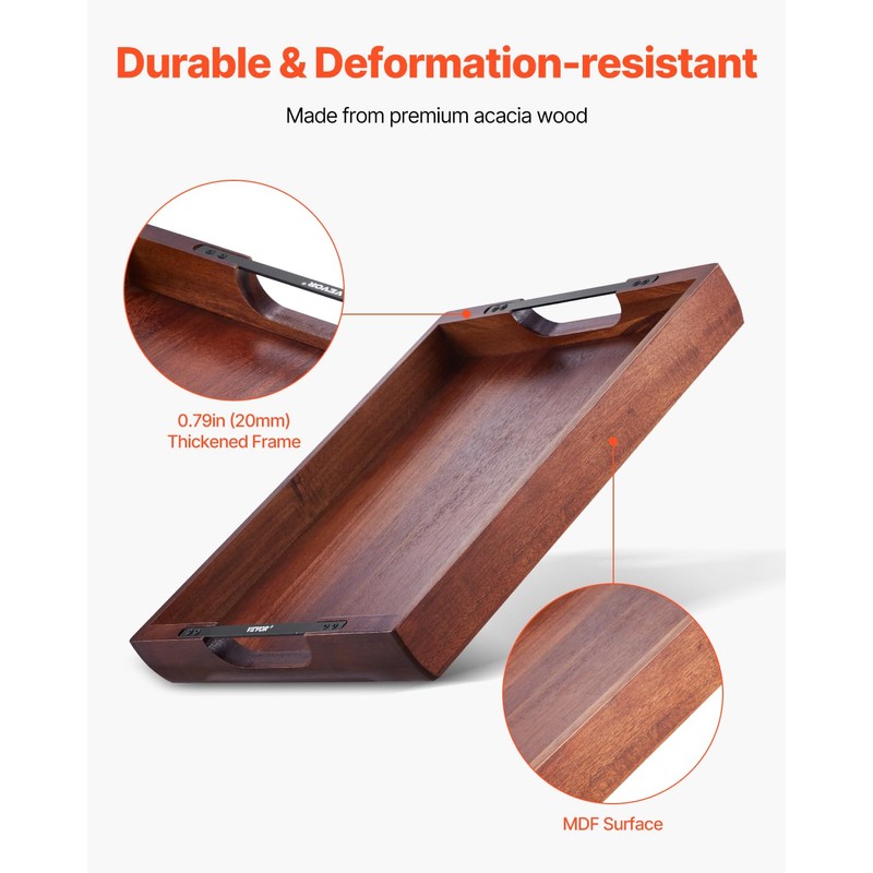 VEVOR Wood Serving Tray, Acacia Wooden Tray Board with Handles,