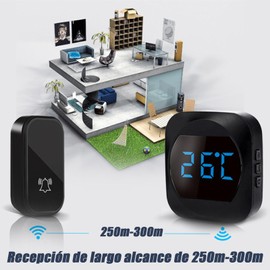 Timbre inalámbrico sin necesidad de pilas con temperatura LED, kit de timbre electrónico impermeable con 1 receptores enchufables, alcance de 150 m, 38 melodías a 4 niveles de volumen，Negro