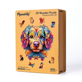 Figured'Art Wooden Puzzle for Adults and Children, 200 Pieces, Animals, Colourful Dog Portrait, Original Design, 29 x 27.5 cm, Unique Shape with Premium Wooden Box