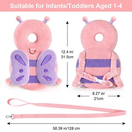Baby Head Protection Backpack with Leash, Anti Lost Toddler Protector Padded Pillow Carrier for Crawling Walking, Cute Butterfly Kid Harness Strap Infant Cushion Pad for 6-18 Months Boys Girls (Pink)