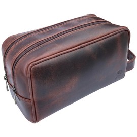RUSTIC TOWN Leather Toiletry Bag for Men - Travel Shaving Dopp Kit - Bathroom Shower Toiletries Organizer - Leather Cosmetic Bag for Women (Walnut Brown)