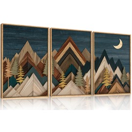 HPINUB Mountain Woodcut Style Framed Canvas Wall Art Set,Vintage Pine Tree Wall Decor, Nature Country Wilderness Forest Artwork,Modern Navy Blue Art Prints for Living Room,Bedroom,Farmhouse-16 x24 x3