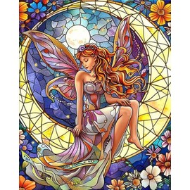 ZUVRDIAI Stained Glass Moon Woman Art Paint by Numbers Kits 16x20 Inch Canvas Moon Fairy Crescent Flowers Stars DIY Oil Painting for Adults Beginner with Brushes Acrylic Paints Drawings(No Frame)