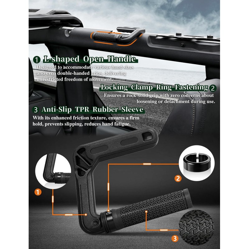JROAD Bronco Aluminum Grab Handles Roll Bar Non-Slip Grip HandlesCompatible