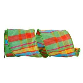 Reliant Ribbon Citrus Life Plaid Wired Edge Ribbon, 4 Inch X 10 Yards, Green