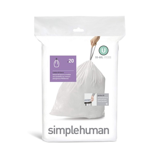 simplehuman Code U Custom Fit Drawstring Trash Bags, 55 Liter / 14.5 Gallon, White, 20 Count