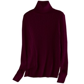 SANGTREE Women's Turtleneck Long Sleeve Sweaters, Solid Color Cable Knit Pullover Tops, Cable Burgundy, S