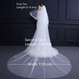 One Tier 1 T/2 Tiers - Velo liso de boda para mujer, velo largo de tul suave con peine de metal, Marfil, One Tier Length 118" Width 118"
