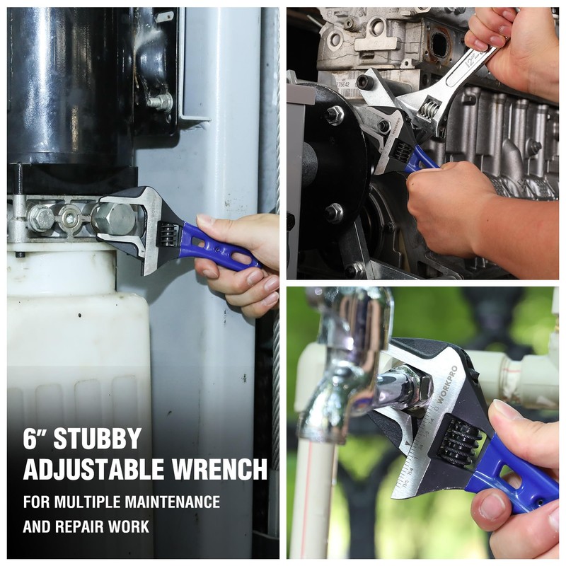 WORKPRO 6-Inch Stubby Adjustable Wrench, 1.5-Inch Extra Wide Jaw Opening