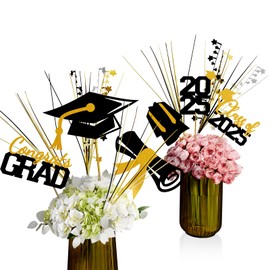 Graduation Decorations Class of 2025 23pcs Black Gold Grad Glitter Centerpiece Sticks Table Toppers Decor with Metallic Foil Spray Star Grass for 2025 College High School Congrats Grad Supplies
