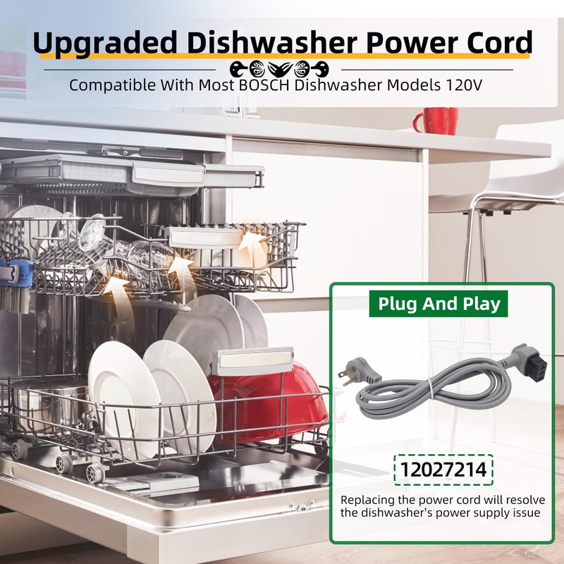 Upgrade 12027214 Dishwasher Power Cord Compatible with Multiple Bosch Dishwasher